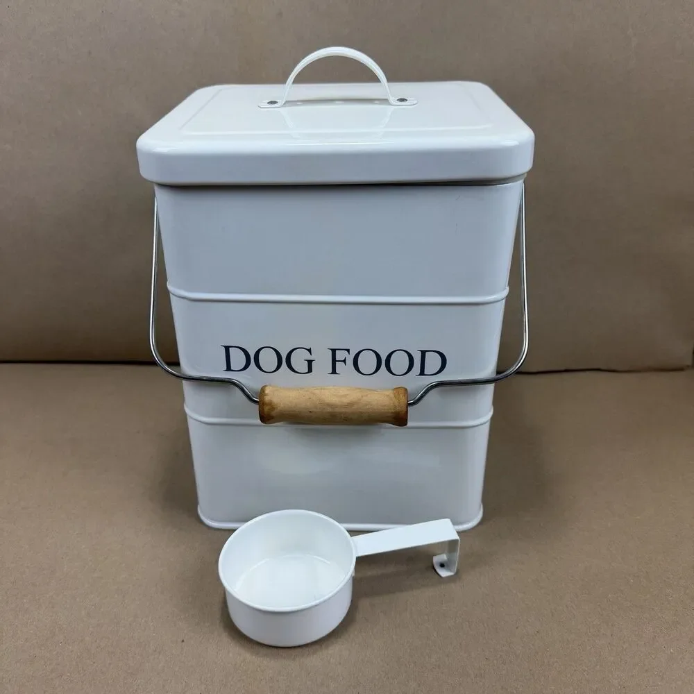 Metal Dog Food Storage Container Bin w Lid & Scoop White Farmhouse Pet Treat
